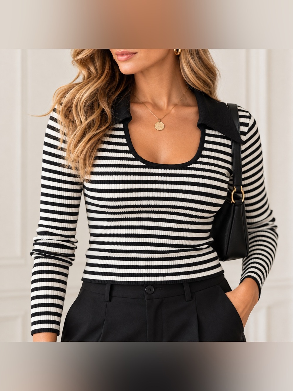 Urban Revivo Striped Collared Ribbed Knit Top XXL US 12